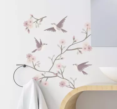 Sticker Mural Fleur Fleurs au printemps avec petits oiseaux - TenStickers