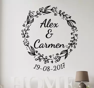 Sticker mural mariage couronne avec date et prénoms - TenStickers