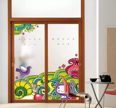 Sticker vitre pour porte dessin de forêt et animaux - TenStickers