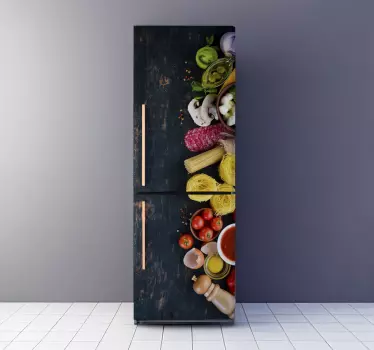 Sticker frigo imitation bois avec aliments - TenStickers