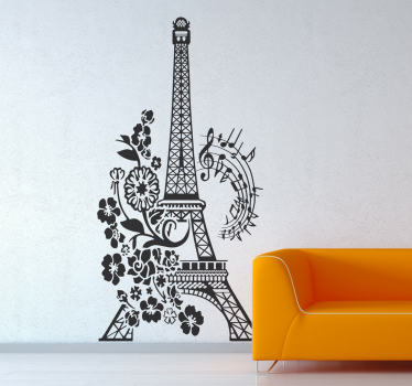 Sticker Paris Tour Eiffel fleurs et musique - TenStickers