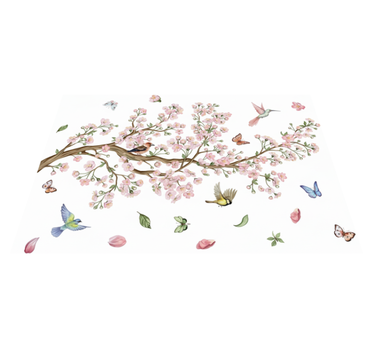 Tapis vinyle fleurs et plantes cerisier avec oiseaux - TenStickers