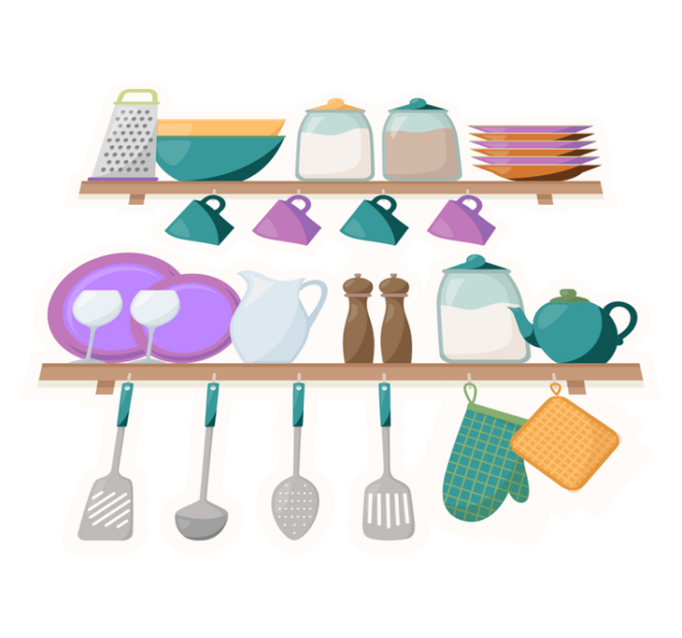 Tapis vinyle cuisine avec étagères et ustensiles - TenStickers