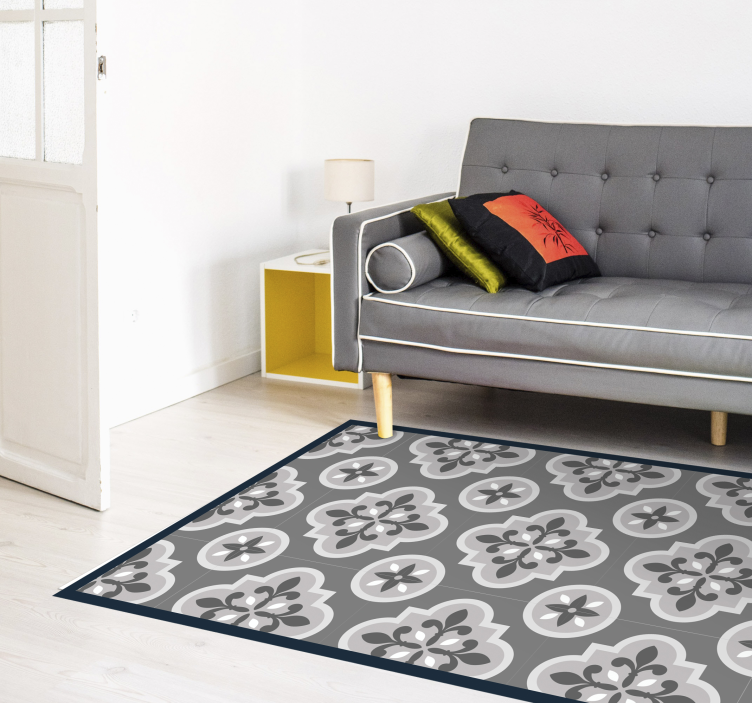 Tapis vinyle carreaux de ciment motif floral en gris - TenStickers