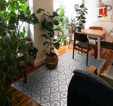 Tapis vinyle carreaux de ciment gris et fleurs - TenStickers