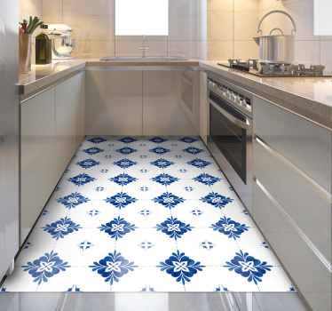 Tapis vinyle carreaux de ciment motif floral bleu - TenStickers