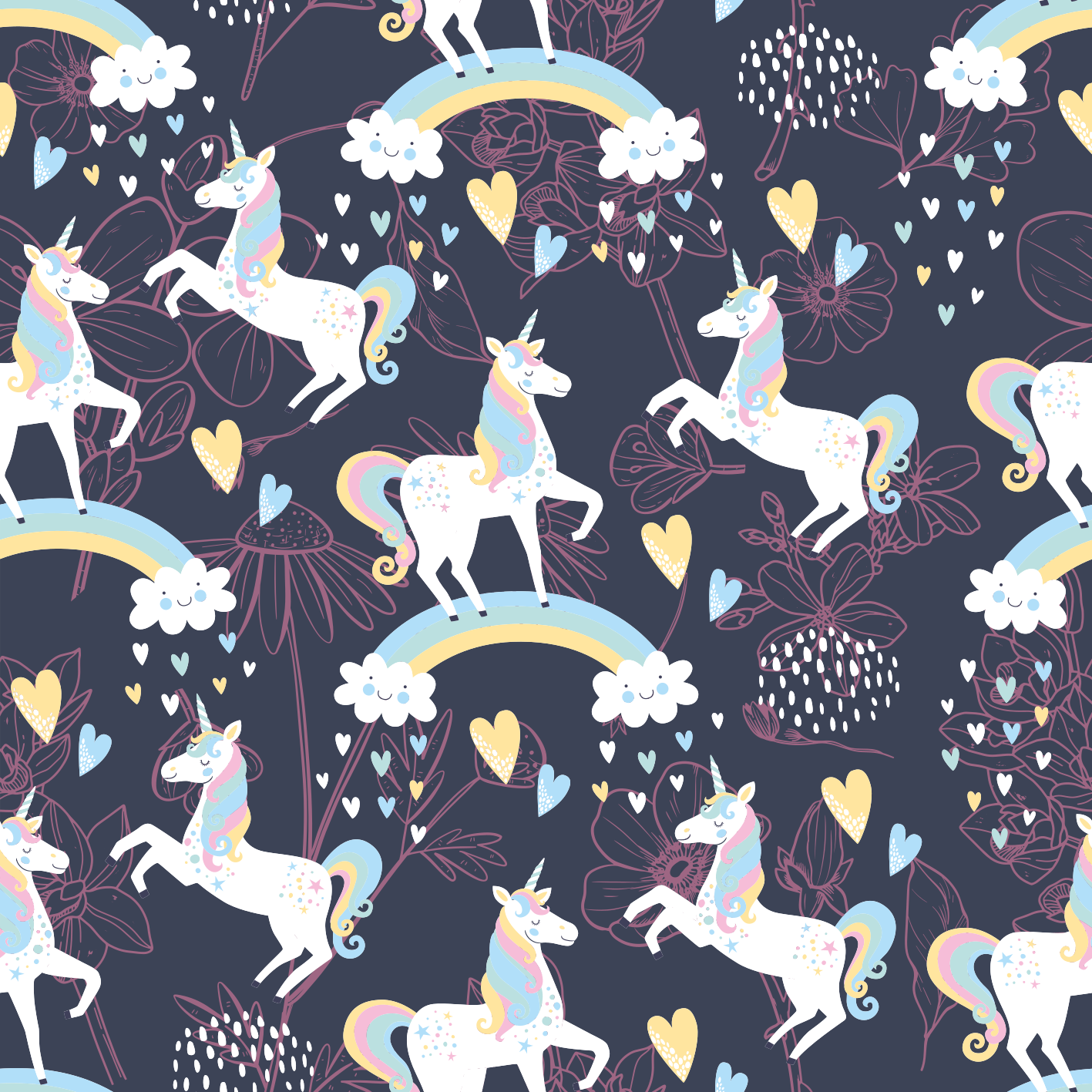 Tapis vinyle animal licornes roses fleurs - TenStickers