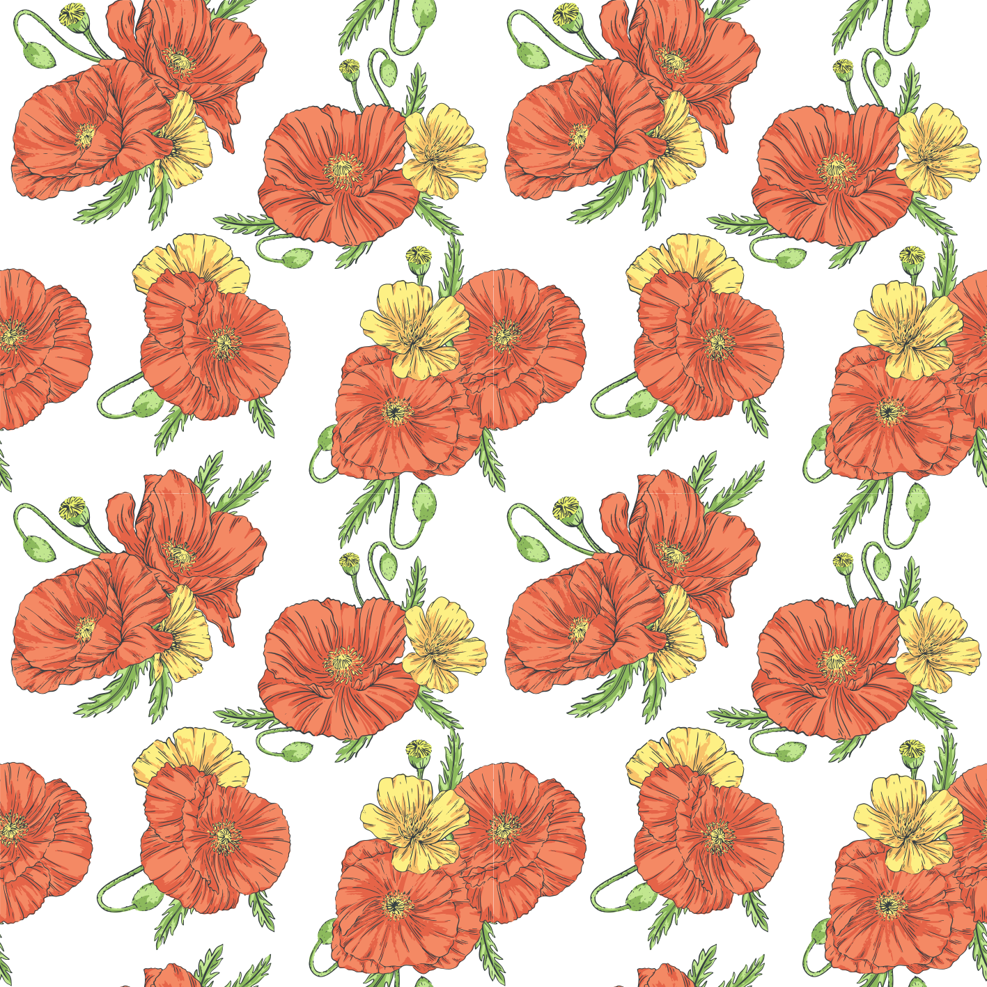 Tapis vinyle fleurs et plantes coquelicots sur fond blanc - TenStickers