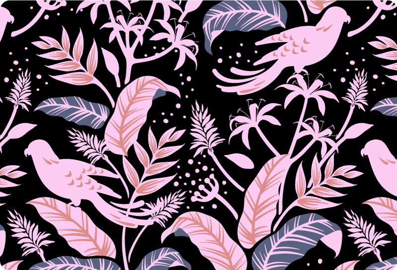 Tapis vinyle fleurs et plantes oiseaux roses et noirs - TenStickers