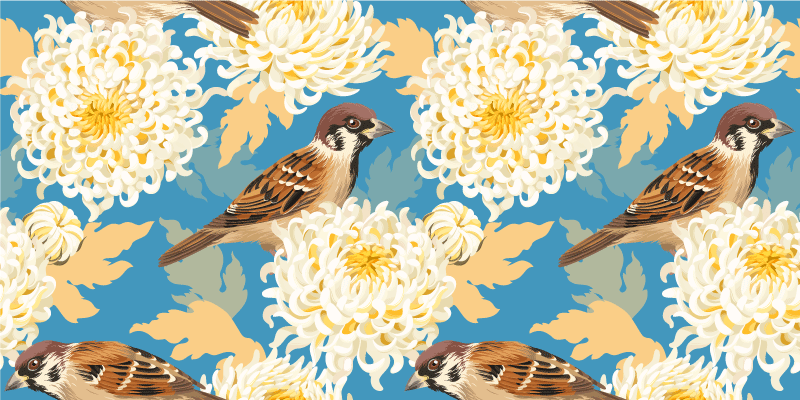 Tapis vinyle fleurs et plantes motif oiseaux et feuilles - TenStickers