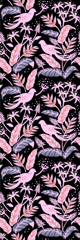 Tapis vinyle chambre oiseaux noirs et roses sur feuilles - TenStickers