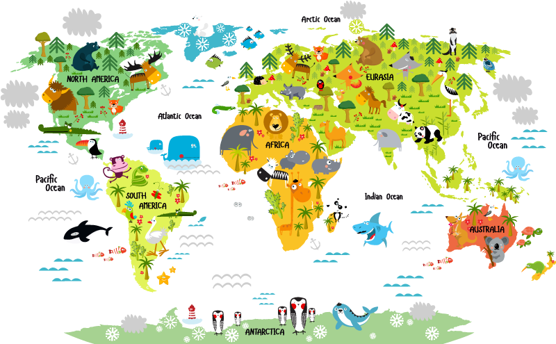Tapis vinyle carte du monde animaux pour enfants - TenStickers