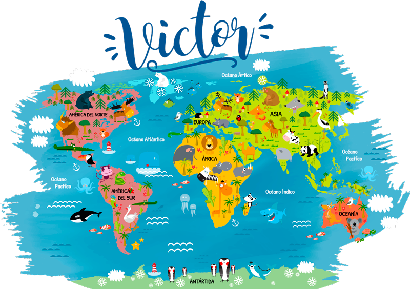 Tapis vinyle carte du monde animaux avec noms espagnols - TenStickers