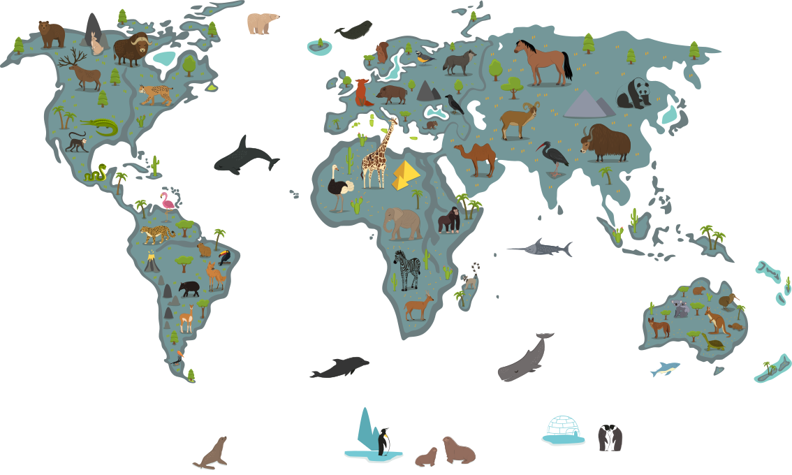 Tapis vinyle carte du monde couleurs simples animaux - TenStickers