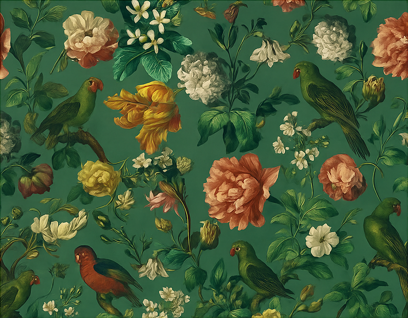 Tapis vinyle chambre motif fleurs et oiseaux verts foncés - TenStickers