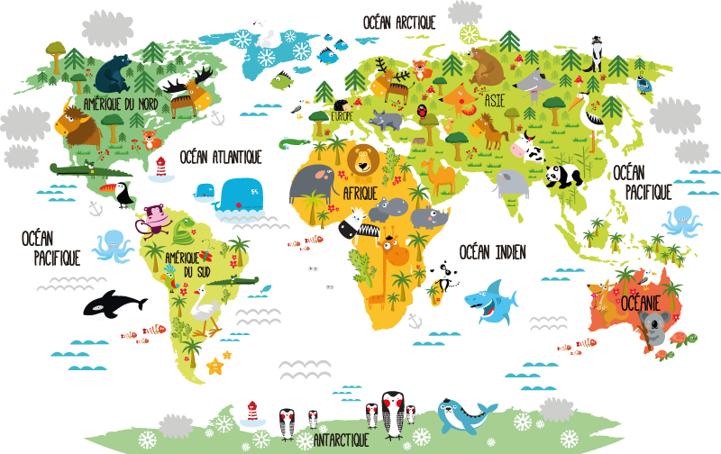 Tapis vinyle carte du monde animaux enfants - TenStickers