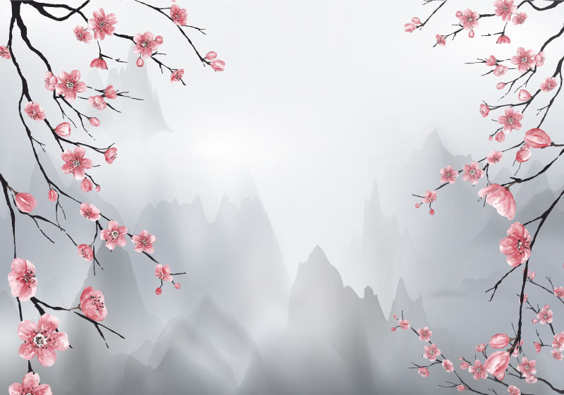 Tapis vinyle gris fleurs de cerisier et montagnes - TenStickers