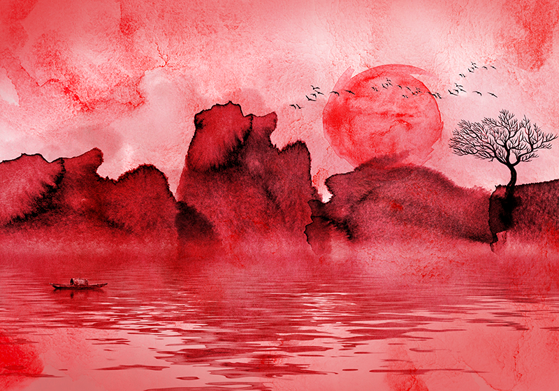 Tapis vinyle rouge paysage encre chinoise - TenStickers