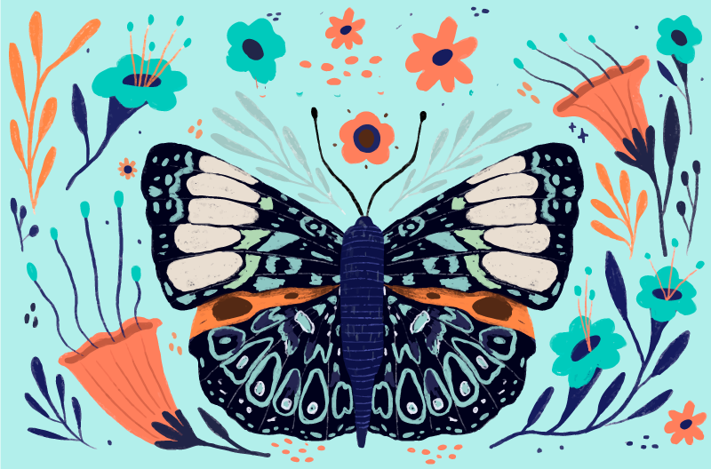 Tapis vinyle fleurs et plantes détails de papillons colorés - TenStickers