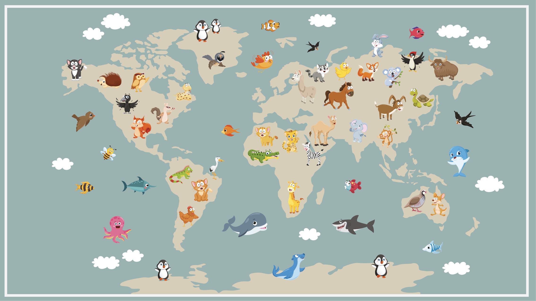 Tapis vinyle carte du monde animal coloré - TenStickers