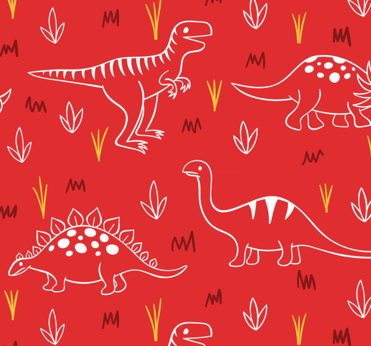 Papier peint dinosaures dessinés sur rouge - TenStickers
