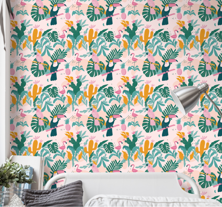 Papier peint chambre Oiseaux verts et feuilles sur fond rose - TenStickers