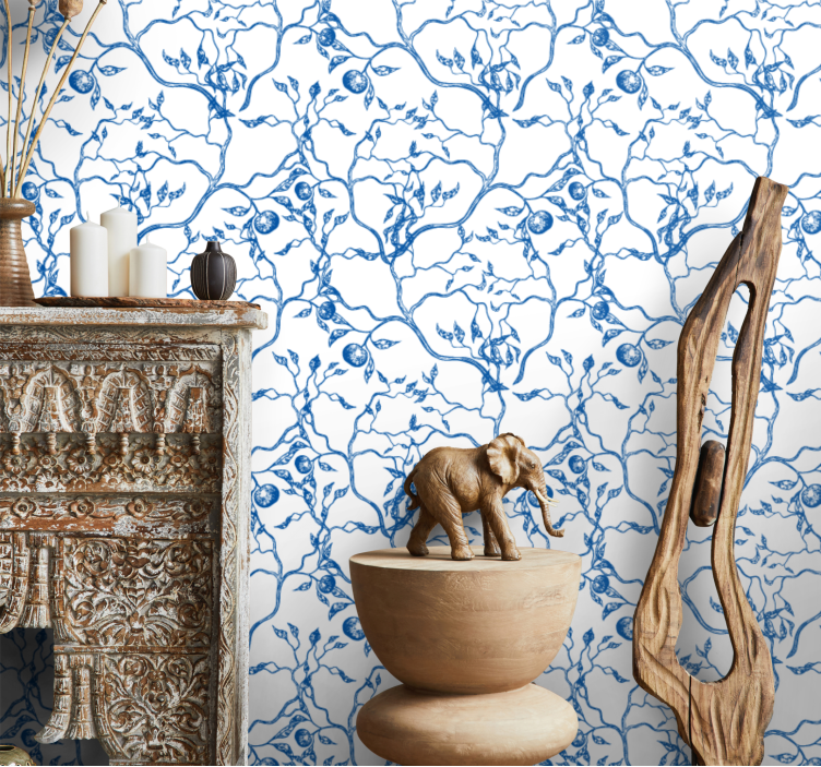 Papier peint feuillage motif de branches bleues - TenStickers