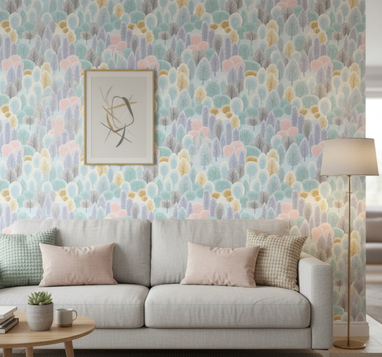 Papier peint arbres motif forêt pastel - TenStickers