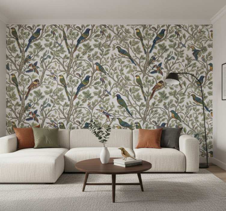 Papier peint arbres oiseaux dans la forêt - TenStickers