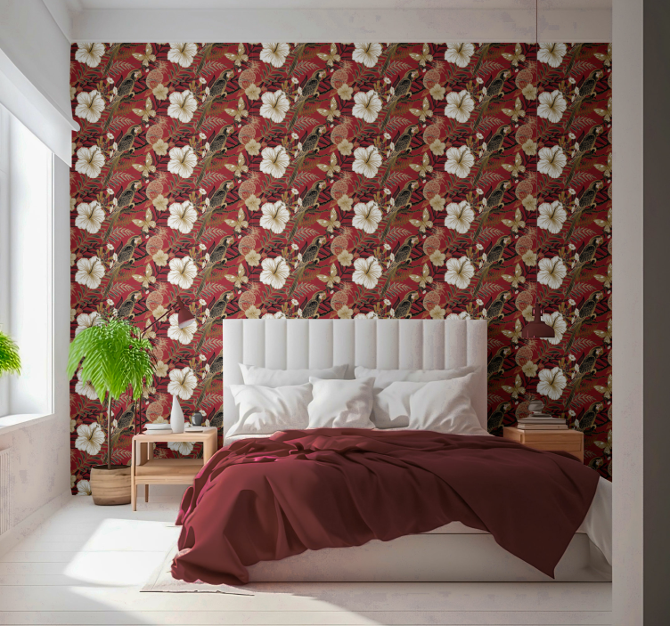 Papier peint chambre perroquets motif élégant rouge - TenStickers