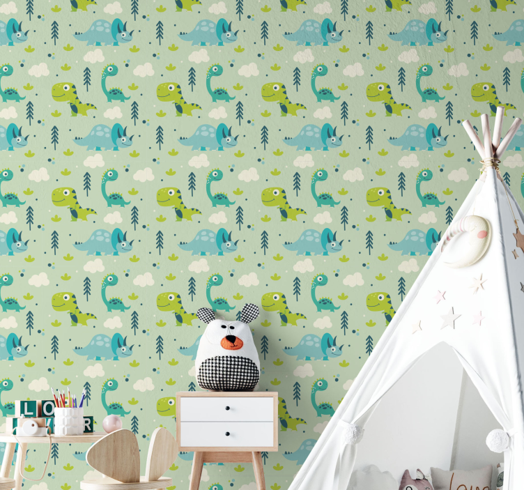 Papier peint dinosaures pour enfant fond vert - TenStickers