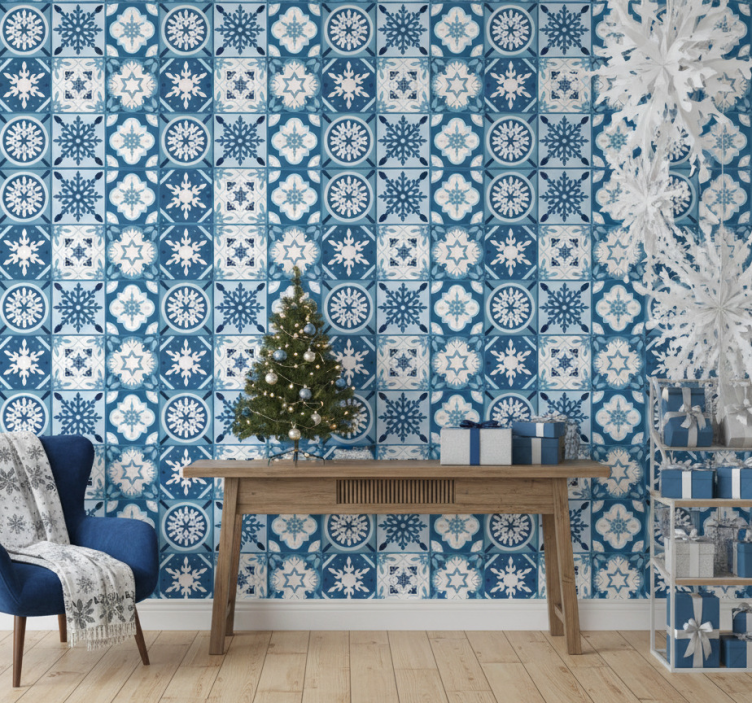Papier peint de noël carreaux de flocons bleus - TenStickers
