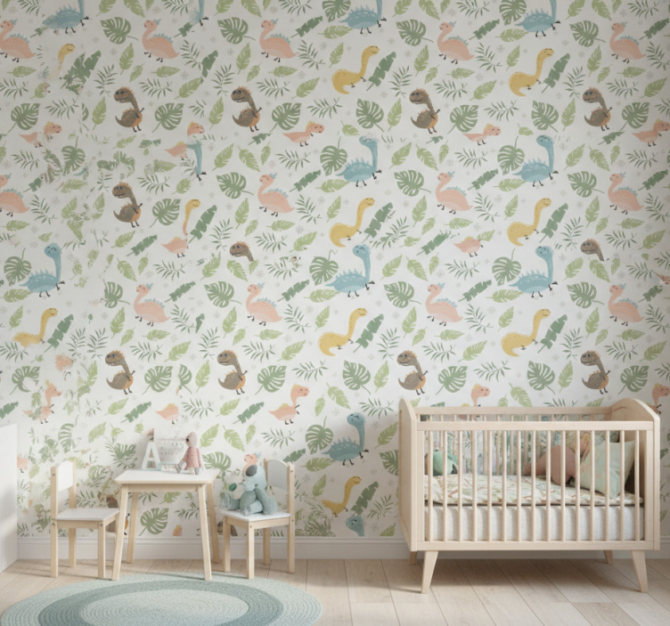 Papier peint dinosaures forêt pastel avec motifs - TenStickers