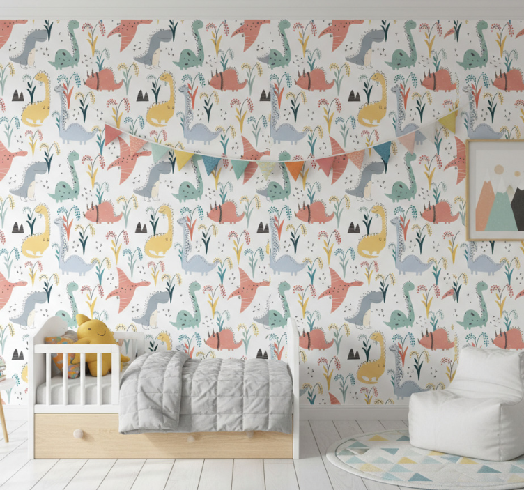Papier peint dinosaures motif scandinave coloré - TenStickers
