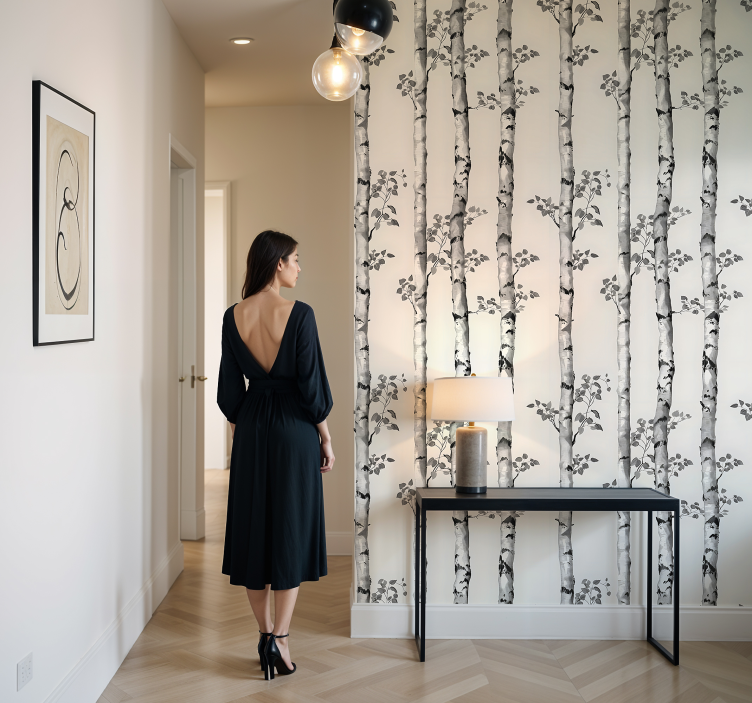 Papier peint entrée noir et blanc grands arbres de bouleaux - TenStickers