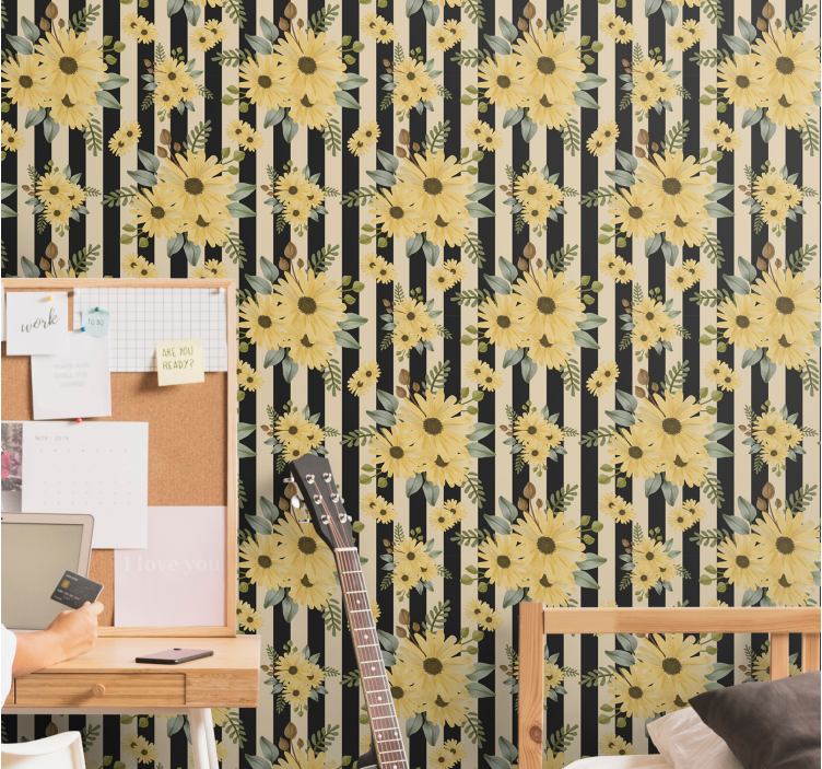 Papier peint fleuri motif de tournesol rayé - TenStickers