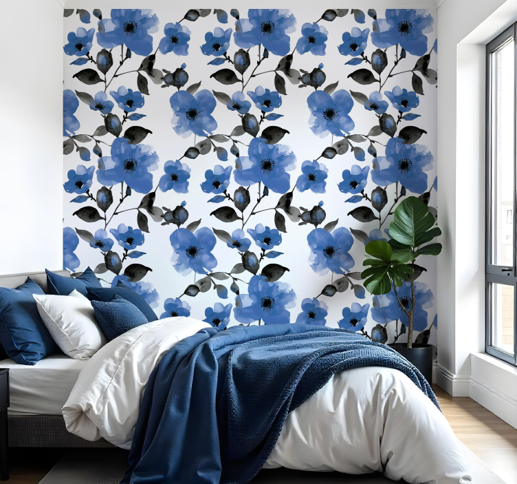 Papier peint floral motif de coquelicots bleus - TenStickers