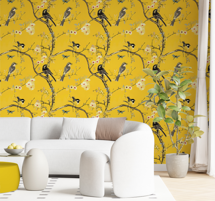 Papier peint jaune motif de branches fleuries et oiseaux - TenStickers
