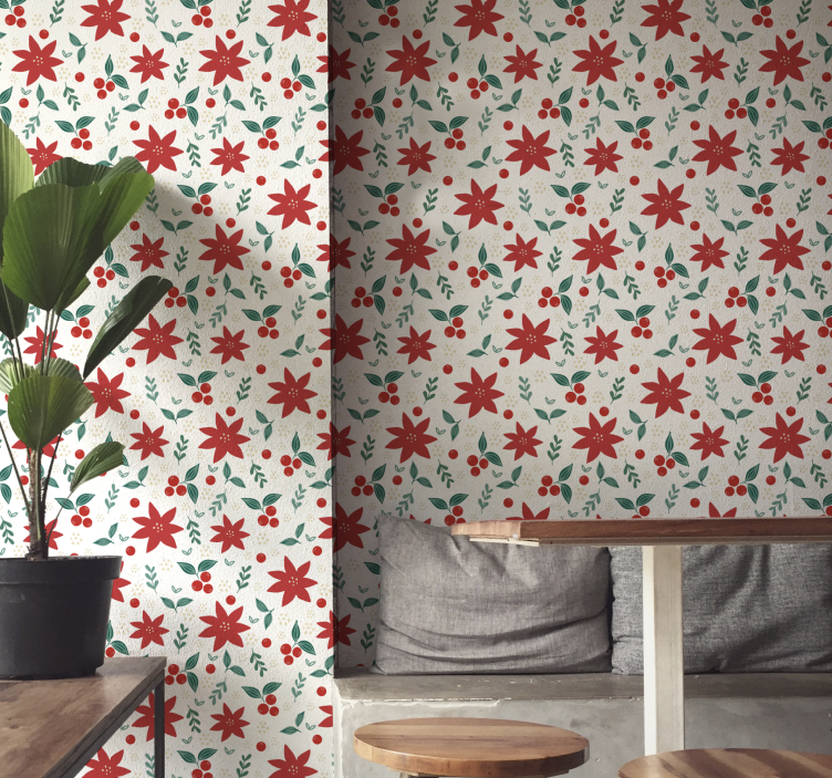 Papier peint de Noël motif de poinsettias festif - TenStickers
