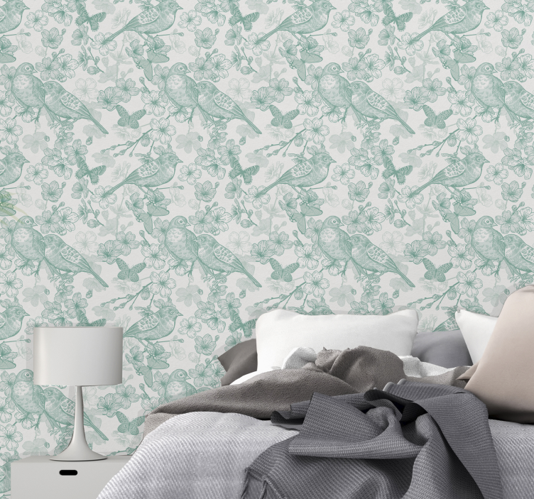Papier peint oiseaux motif floral vert - TenStickers