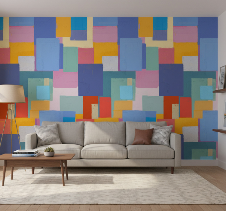 Papier peint ornemental peinture abstraite carrés colorés - TenStickers