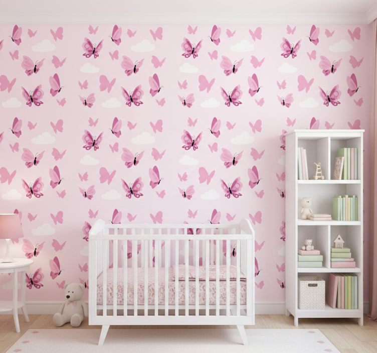 Papier peint papillons rose flottant et nuages - TenStickers