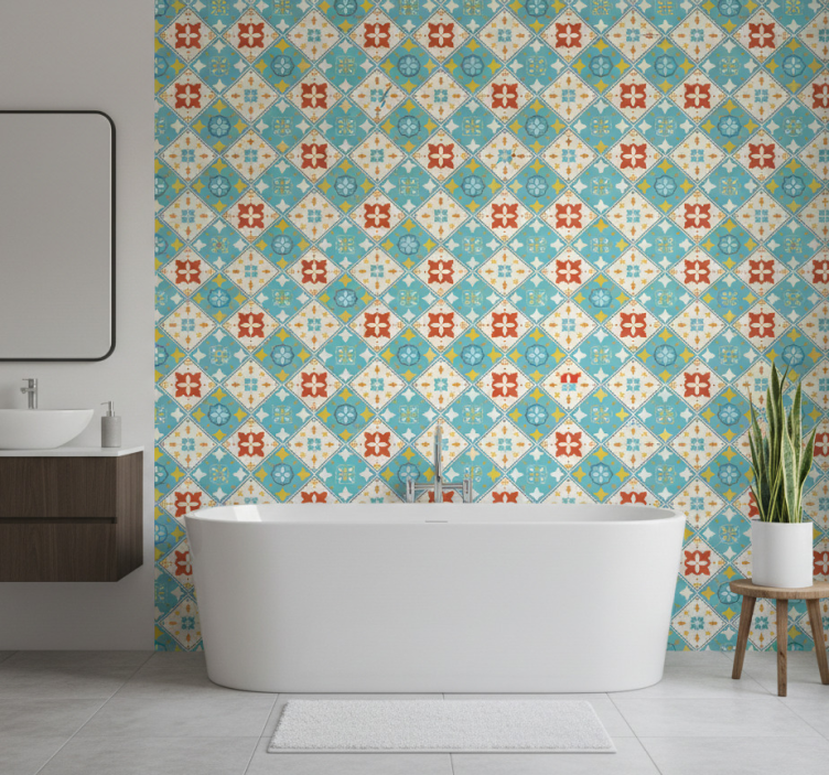 Papier peint salle de bain carreaux bleus et beiges - TenStickers