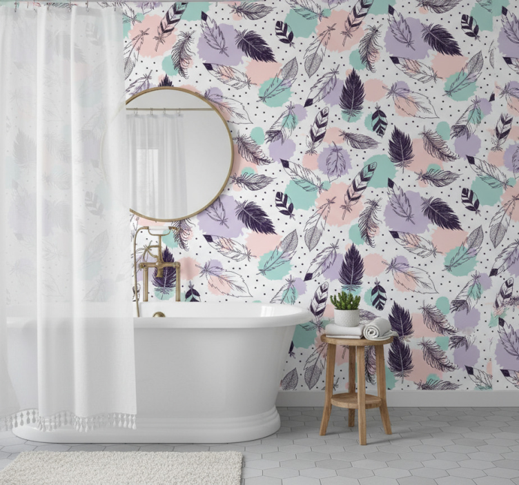 Papier peint salle de bain motif plumes boho - TenStickers