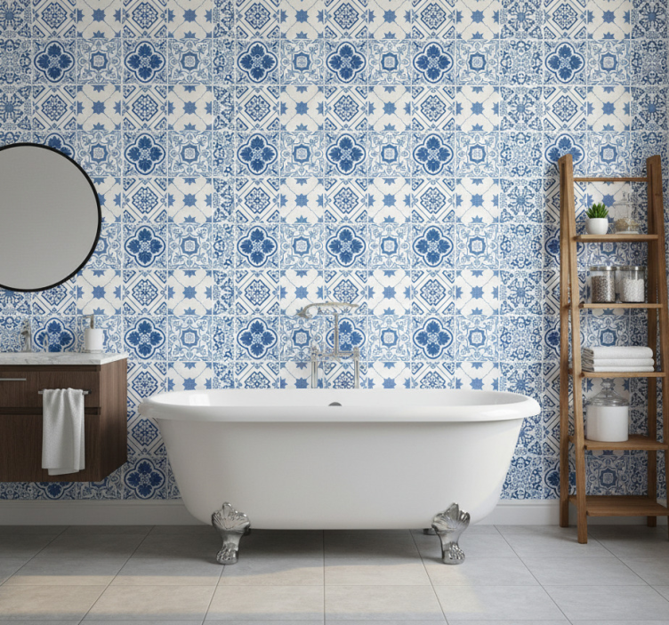 Papier peint salle de bain motifs bleus raffinés - TenStickers