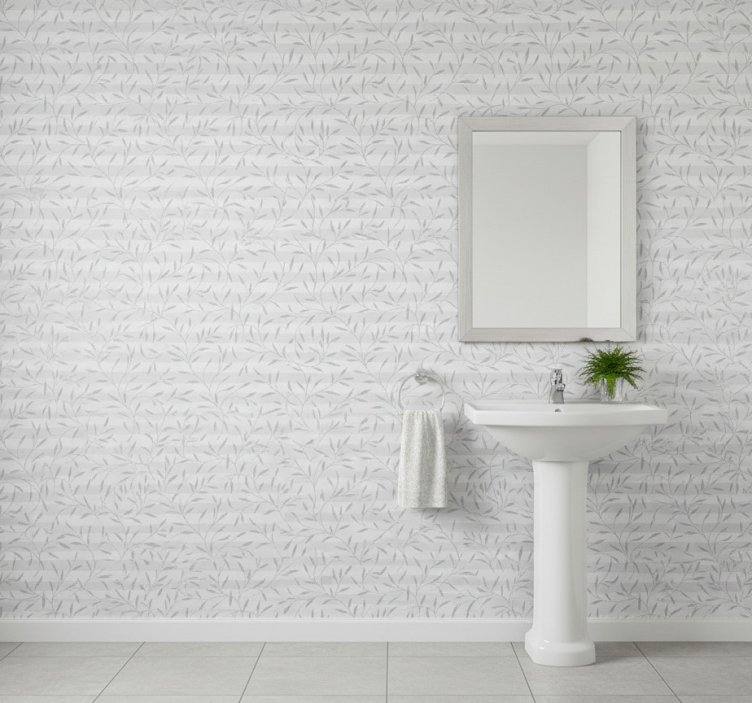 Papier peint salle de bain plantes blanches et grises - TenStickers