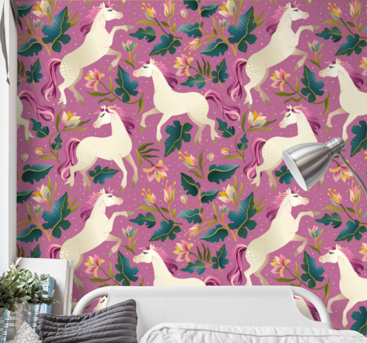 Papier peint chambre Conception de cheval rose et floral - TenStickers