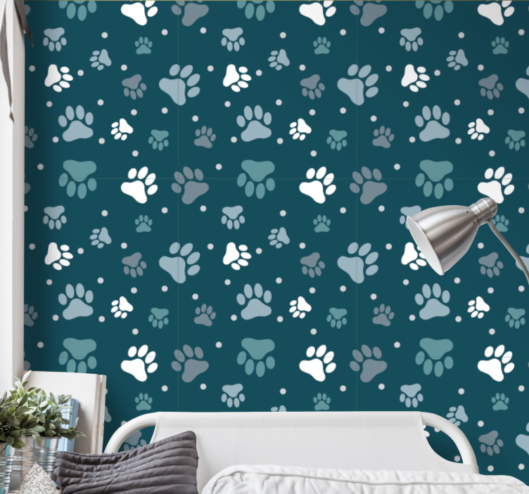 Papier peint chambre empreintes de chien blanc et gris - TenStickers