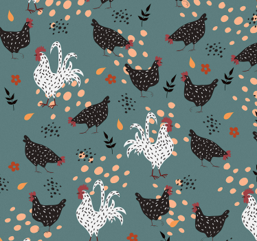 Papier peint cuisine poulets noirs et blancs avec fleurs - TenStickers