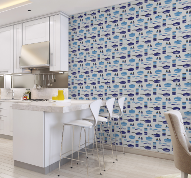 Papier peint cuisine motif d'ustensiles bleus - TenStickers
